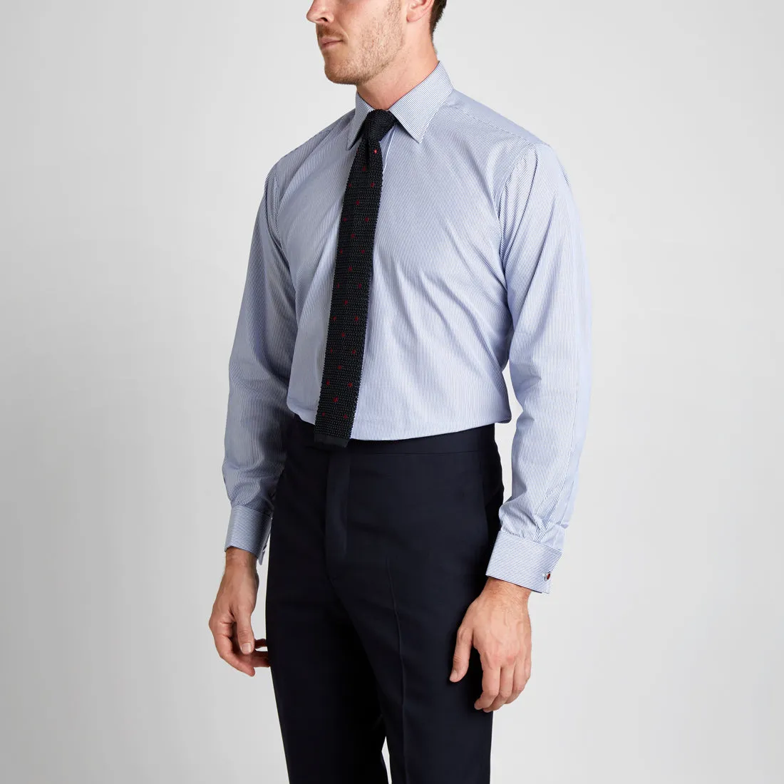 Classic Fit Neat Stripe Poplin Double Cuff Shirt in Navy
