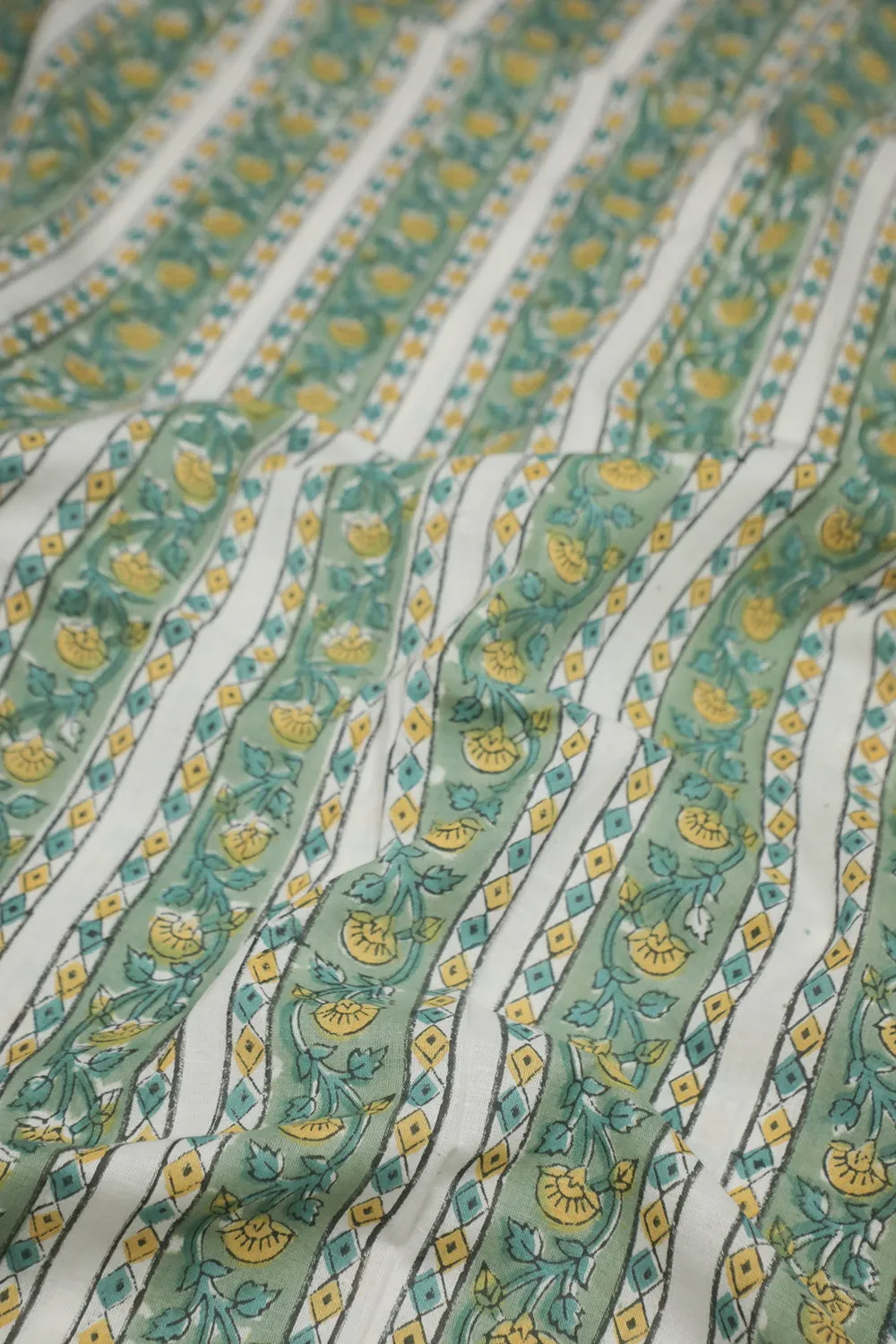 Cream & Green Stripe Sanganeri Cotton Fabric - 0.55m