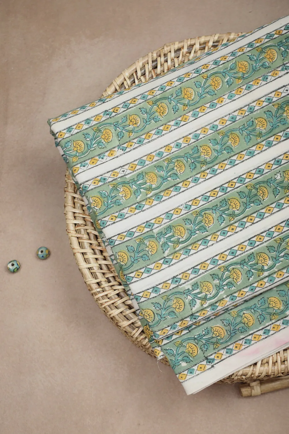 Cream & Green Stripe Sanganeri Cotton Fabric - 0.55m