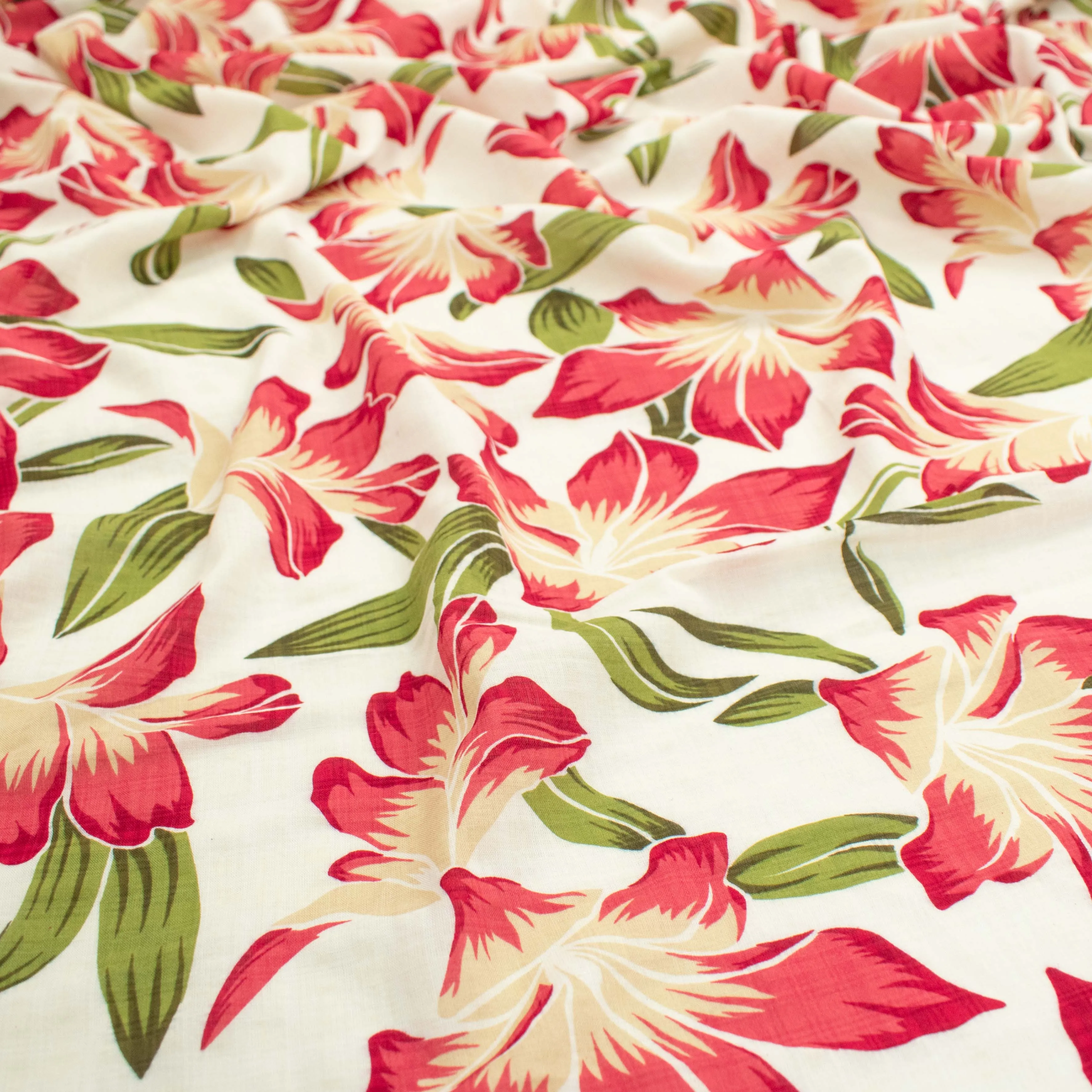 Crinkle Cotton Prints Design-20 Red Lily Flowers on White