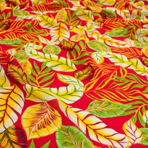 Crinkle Cotton Prints Design-22 Yellow & Green Leaves on Red