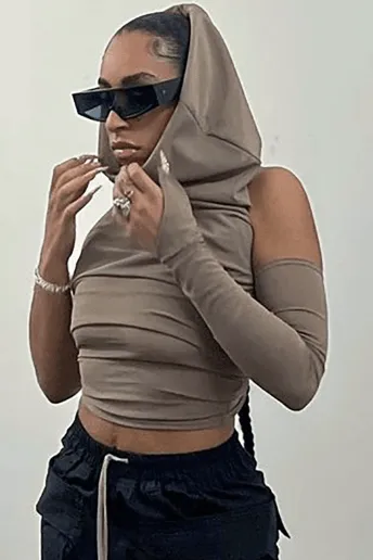 Cropped backless single-sleeve hooded slim top