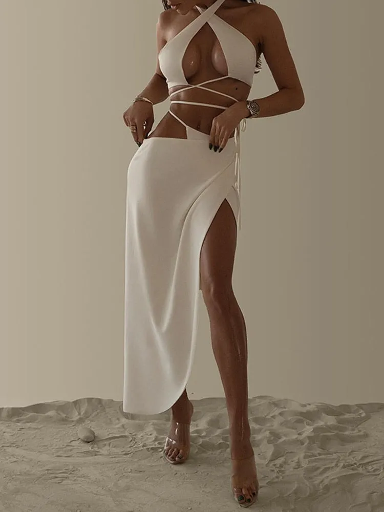 Cryptographic Elegant Fashion Dress Sets Bandage 2 Piece Set for Women Outfits Hot Sexy Backless Halter Matching Sets Club Party