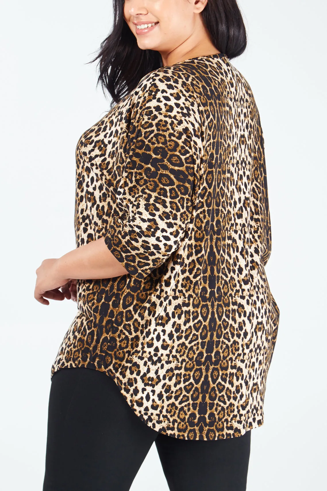 Curve Leopard Print Soft Touch Zip Top