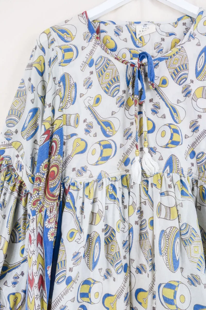 Daisy Smock Top - Boogie to the Beat in Lemon and Lapis - Vintage Indian Cotton - Size M/L