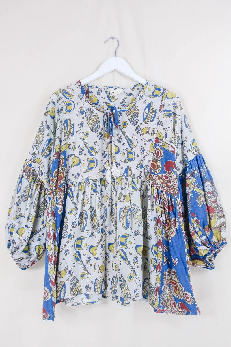 Daisy Smock Top - Boogie to the Beat in Lemon and Lapis - Vintage Indian Cotton - Size M/L