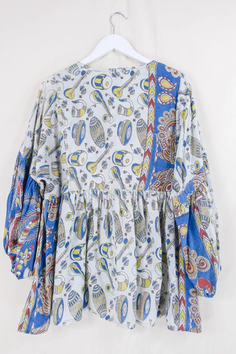 Daisy Smock Top - Boogie to the Beat in Lemon and Lapis - Vintage Indian Cotton - Size M/L