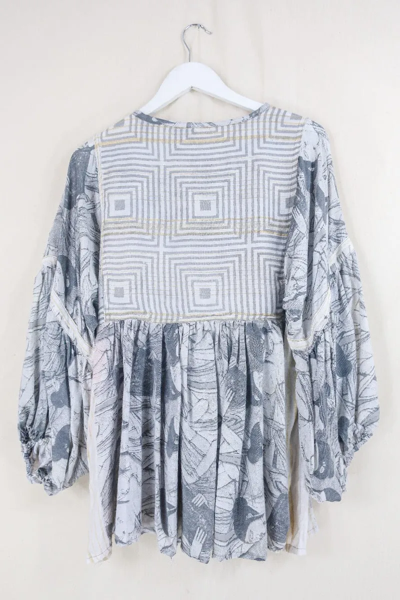 Daisy Smock Top - Gold & Charcoal Sketches - Vintage Indian Cotton - Size XS