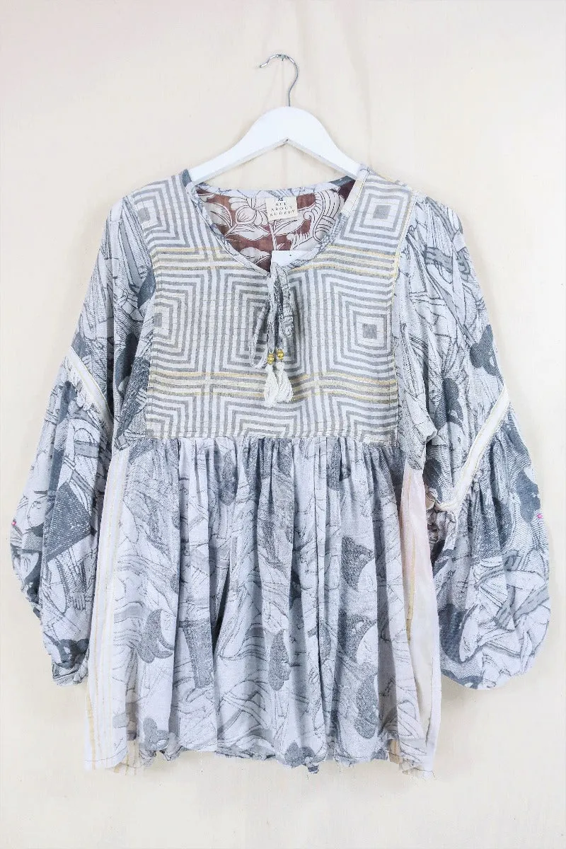 Daisy Smock Top - Gold & Charcoal Sketches - Vintage Indian Cotton - Size XS