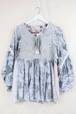 Daisy Smock Top - Gold & Charcoal Sketches - Vintage Indian Cotton - Size XS