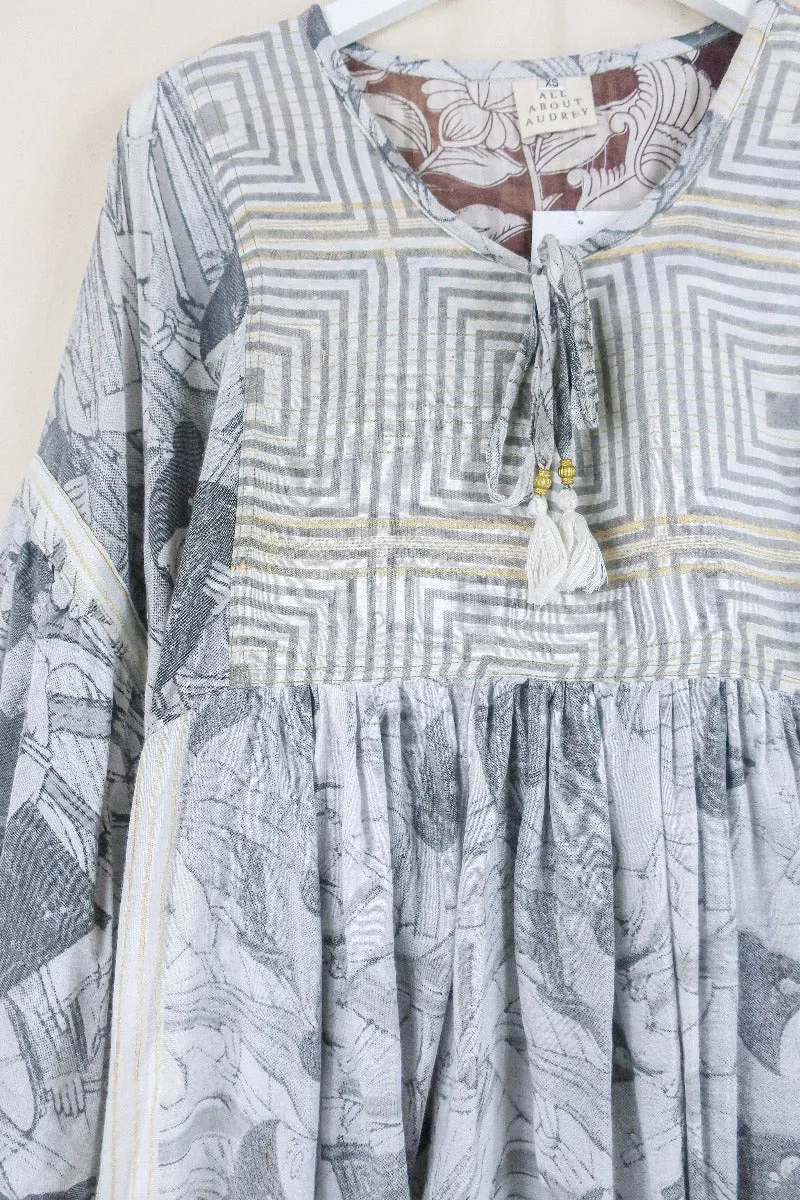 Daisy Smock Top - Gold & Charcoal Sketches - Vintage Indian Cotton - Size XS