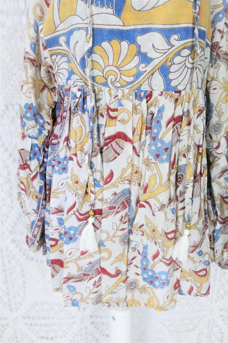 Daisy Smock Top - Vintage Indian Sari - Buttercup & Sky Bird Block Print - Size S