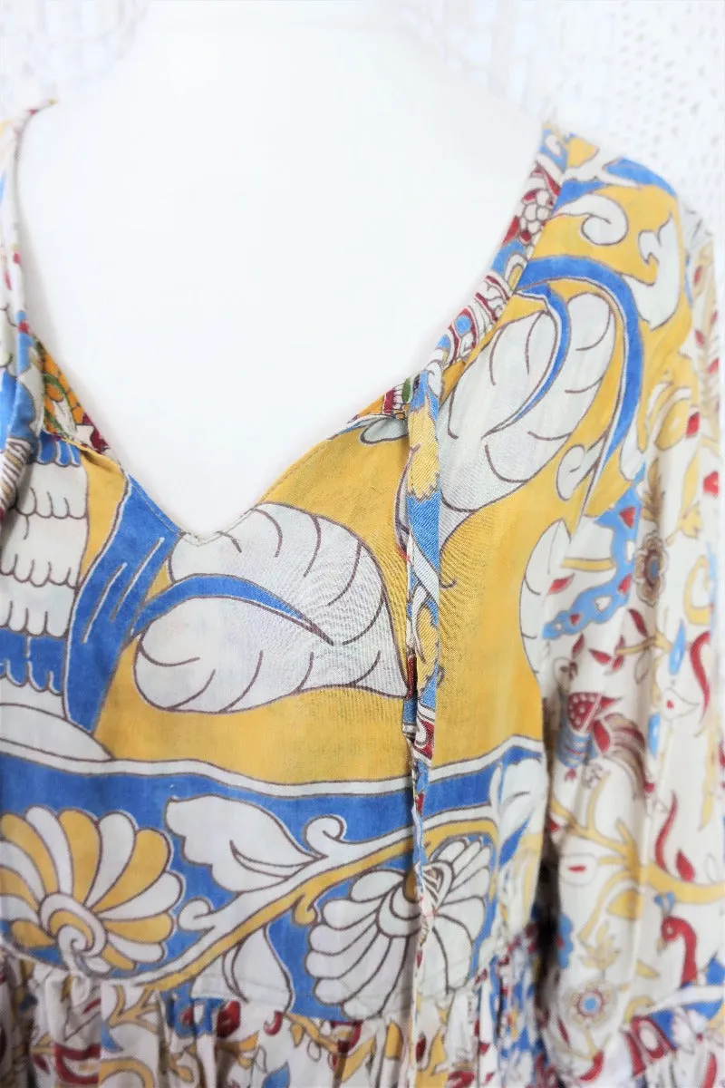 Daisy Smock Top - Vintage Indian Sari - Buttercup & Sky Bird Block Print - Size S