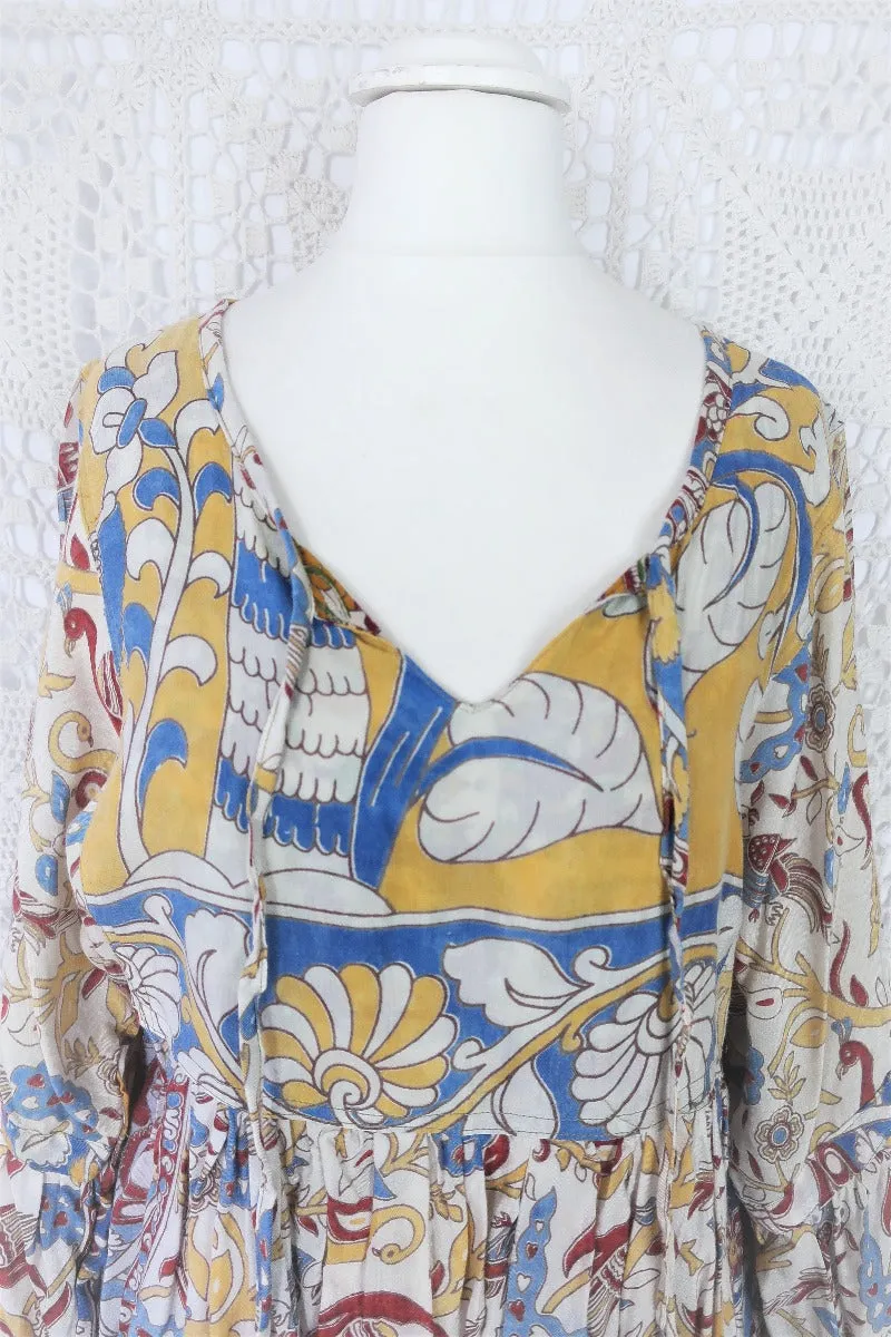 Daisy Smock Top - Vintage Indian Sari - Buttercup & Sky Bird Block Print - Size S