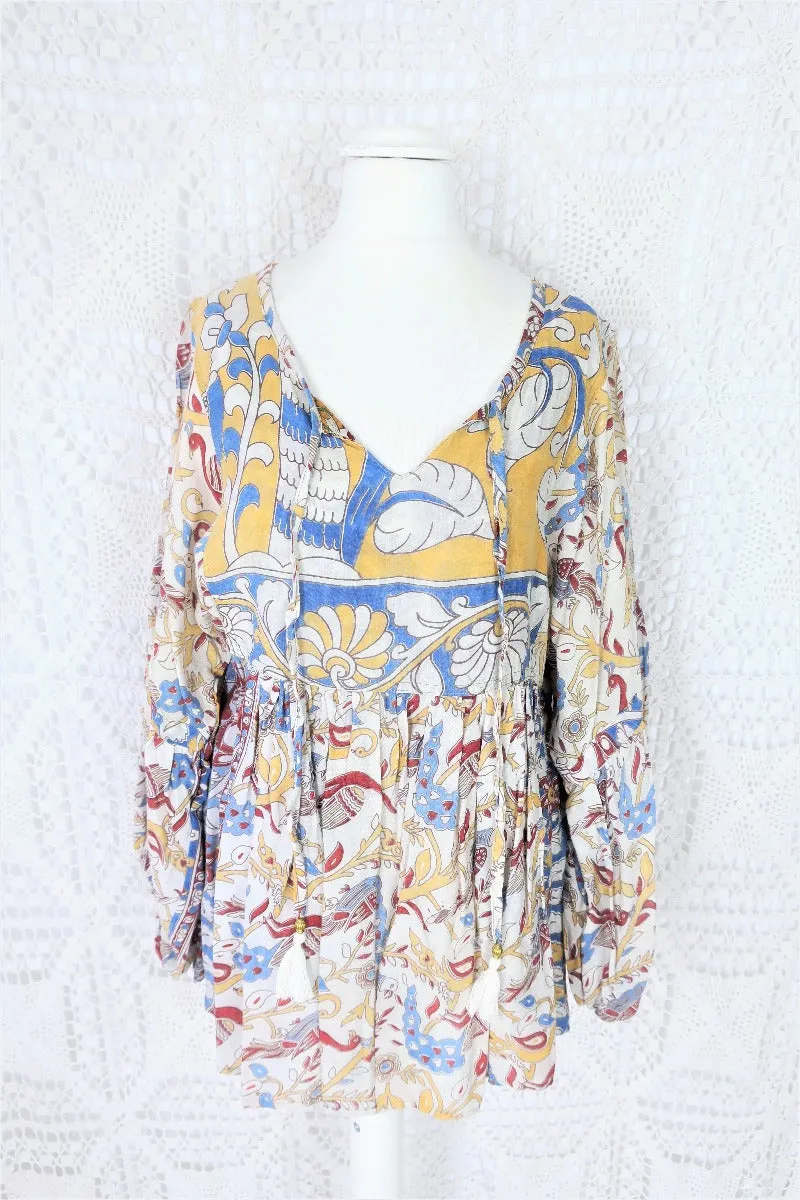 Daisy Smock Top - Vintage Indian Sari - Buttercup & Sky Bird Block Print - Size S