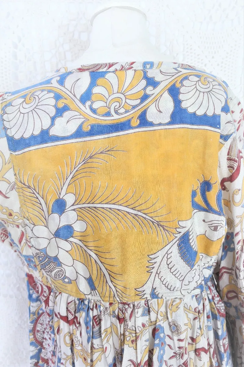 Daisy Smock Top - Vintage Indian Sari - Buttercup & Sky Bird Block Print - Size S