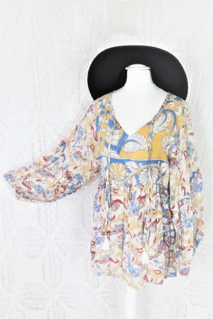 Daisy Smock Top - Vintage Indian Sari - Buttercup & Sky Bird Block Print - Size S