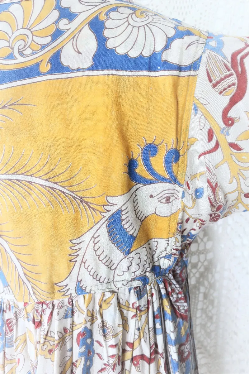 Daisy Smock Top - Vintage Indian Sari - Buttercup & Sky Bird Block Print - Size S
