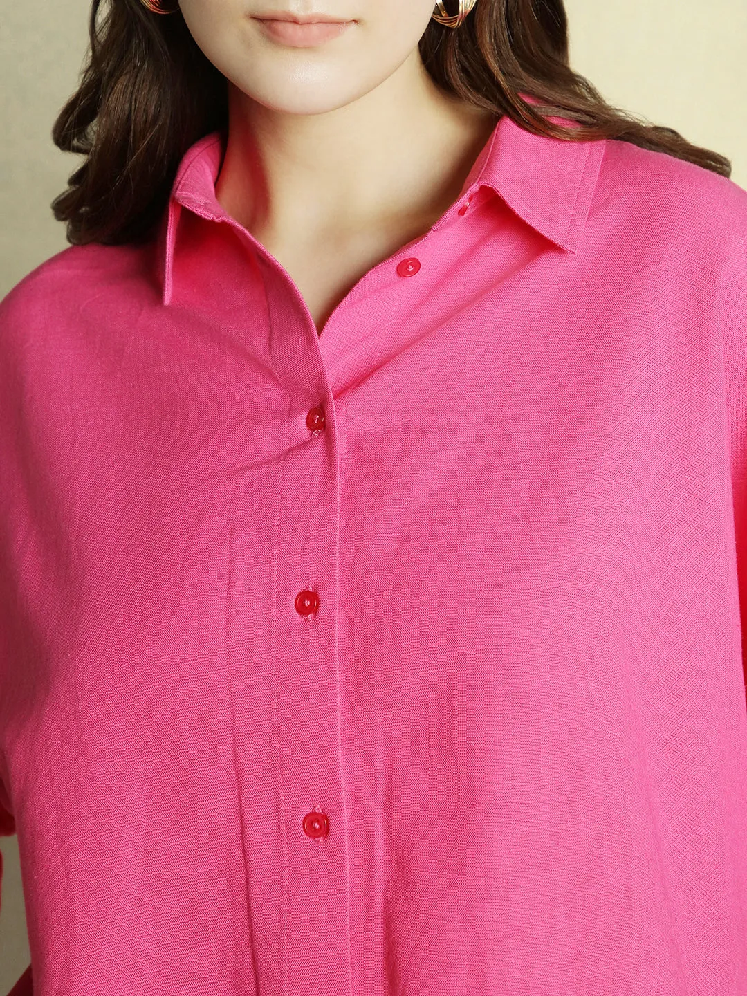DL Woman Pink Solid Shirt Collar Half Sleeves Top