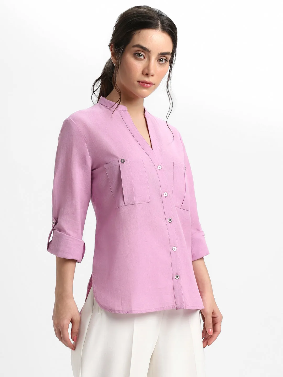 DL Woman Round Neck Regular Fit Solid Lavender Top