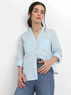 DL Woman Round Neck Regular Fit Solid Light Blue Top