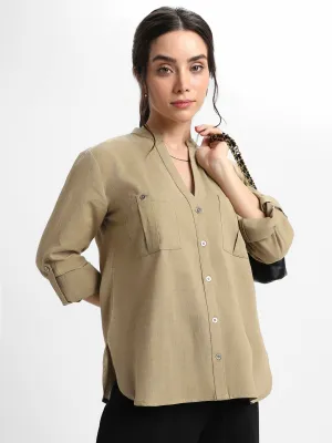 DL Woman Round Neck Regular Fit Solid Olive Top