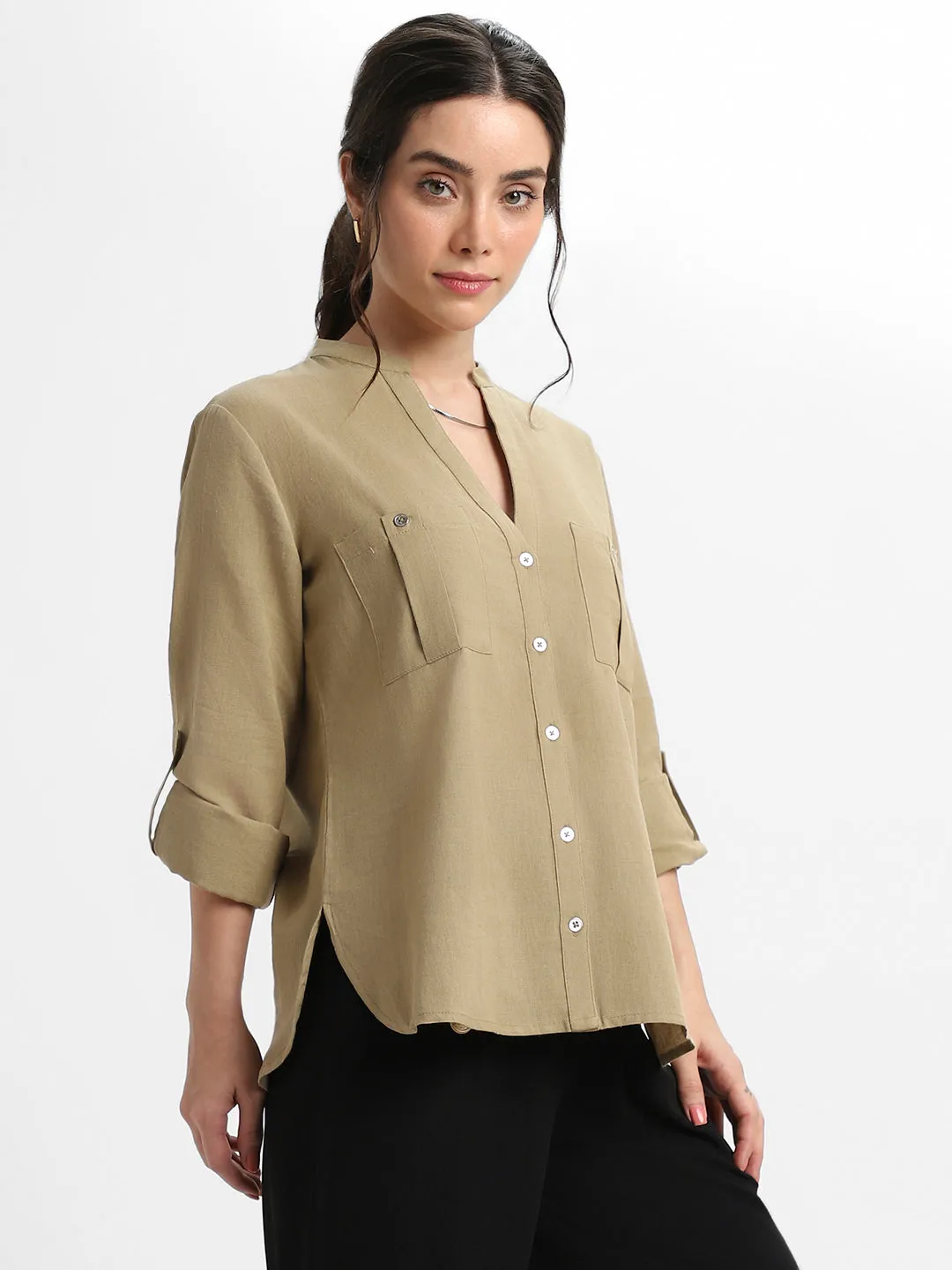 DL Woman Round Neck Regular Fit Solid Olive Top