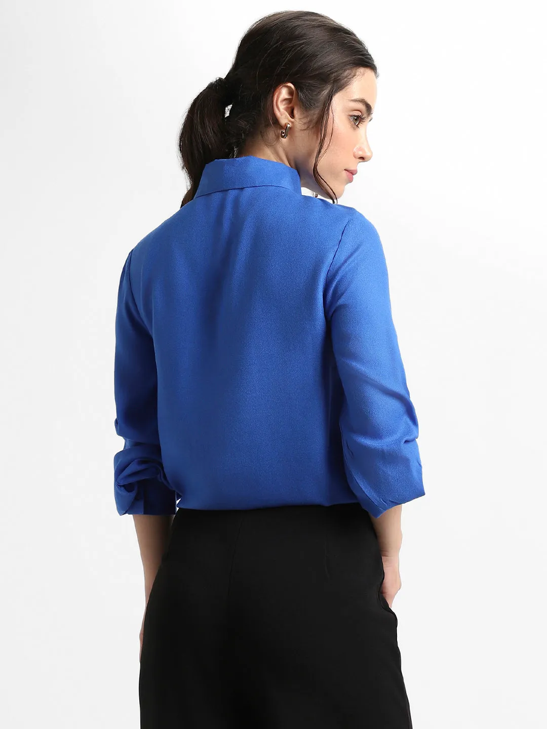 DL Woman Tie Up Neck Regular Fit Solid Cobalt Blue Top