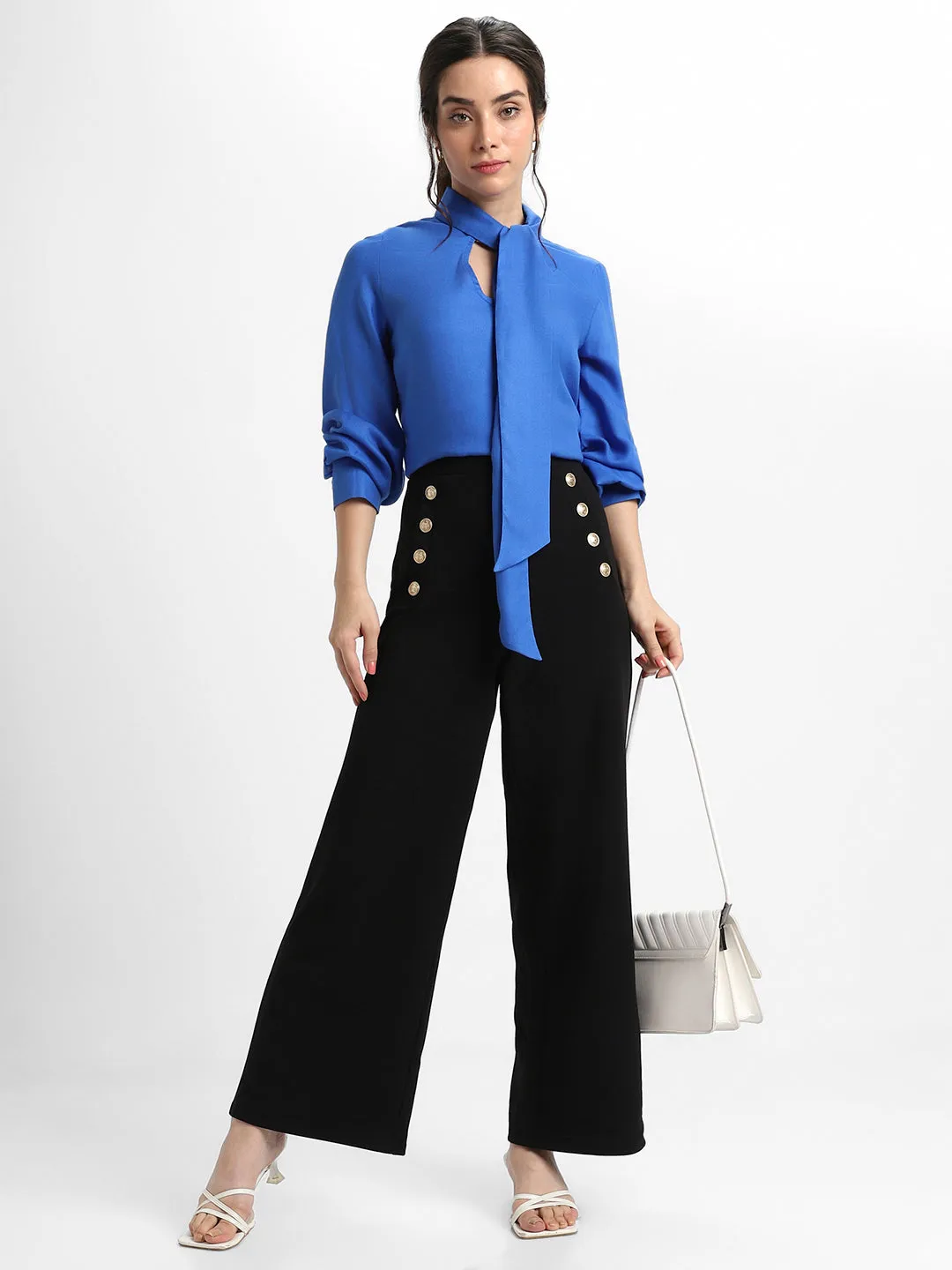 DL Woman Tie Up Neck Regular Fit Solid Cobalt Blue Top