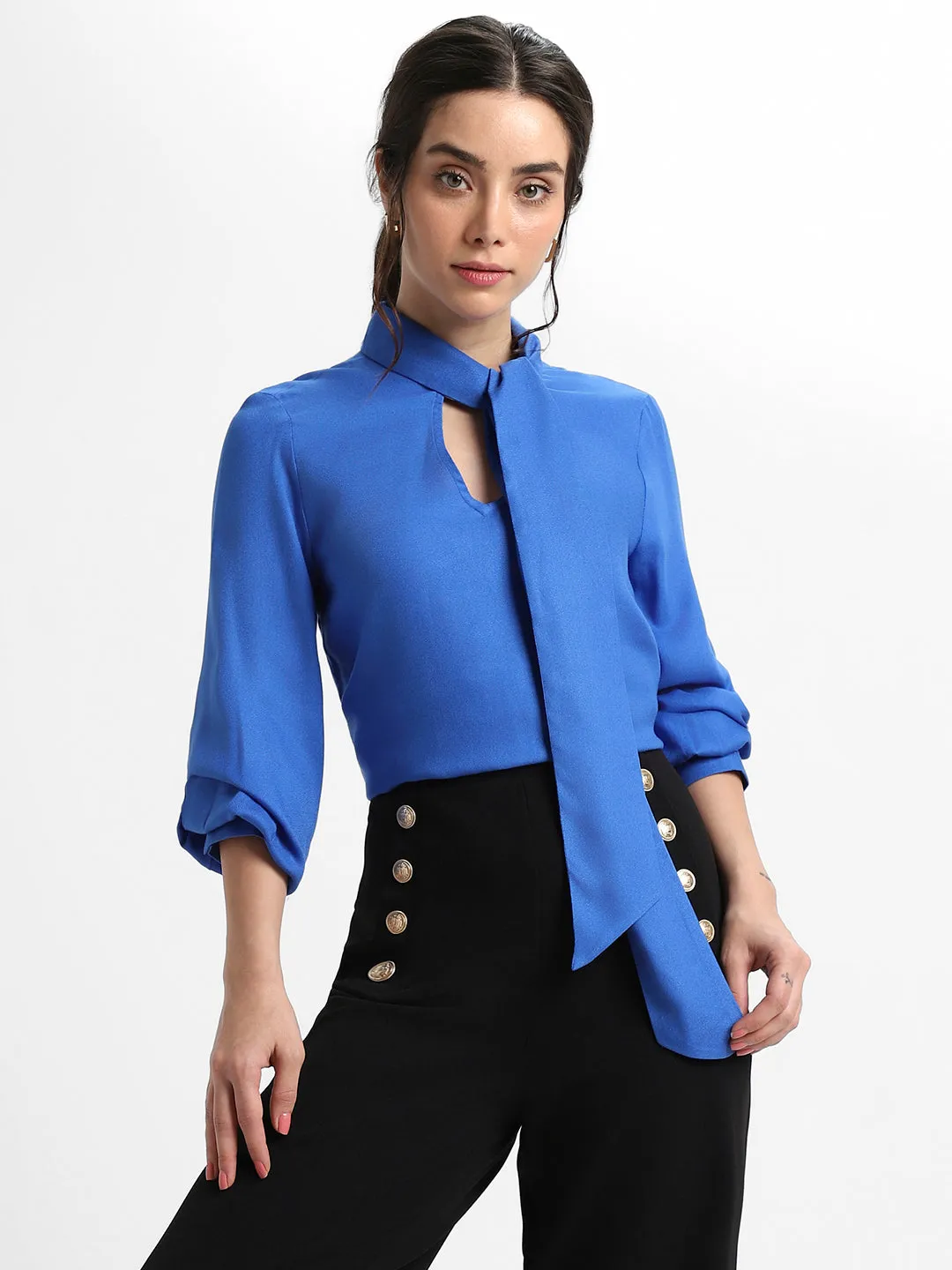 DL Woman Tie Up Neck Regular Fit Solid Cobalt Blue Top