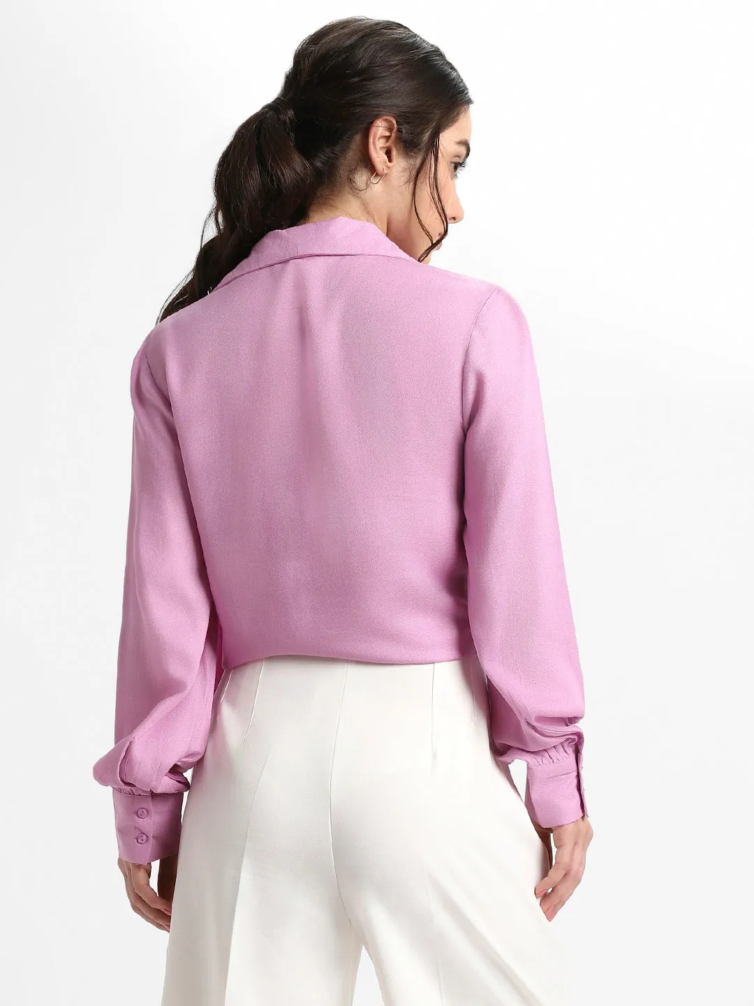 DL Woman Tie Up Neck Regular Fit Solid Lavender Top