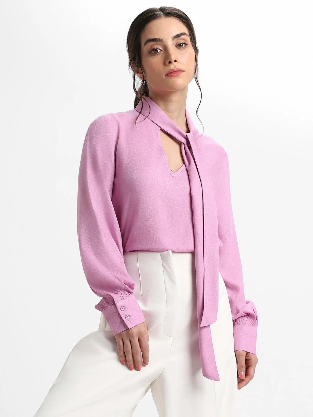DL Woman Tie Up Neck Regular Fit Solid Lavender Top