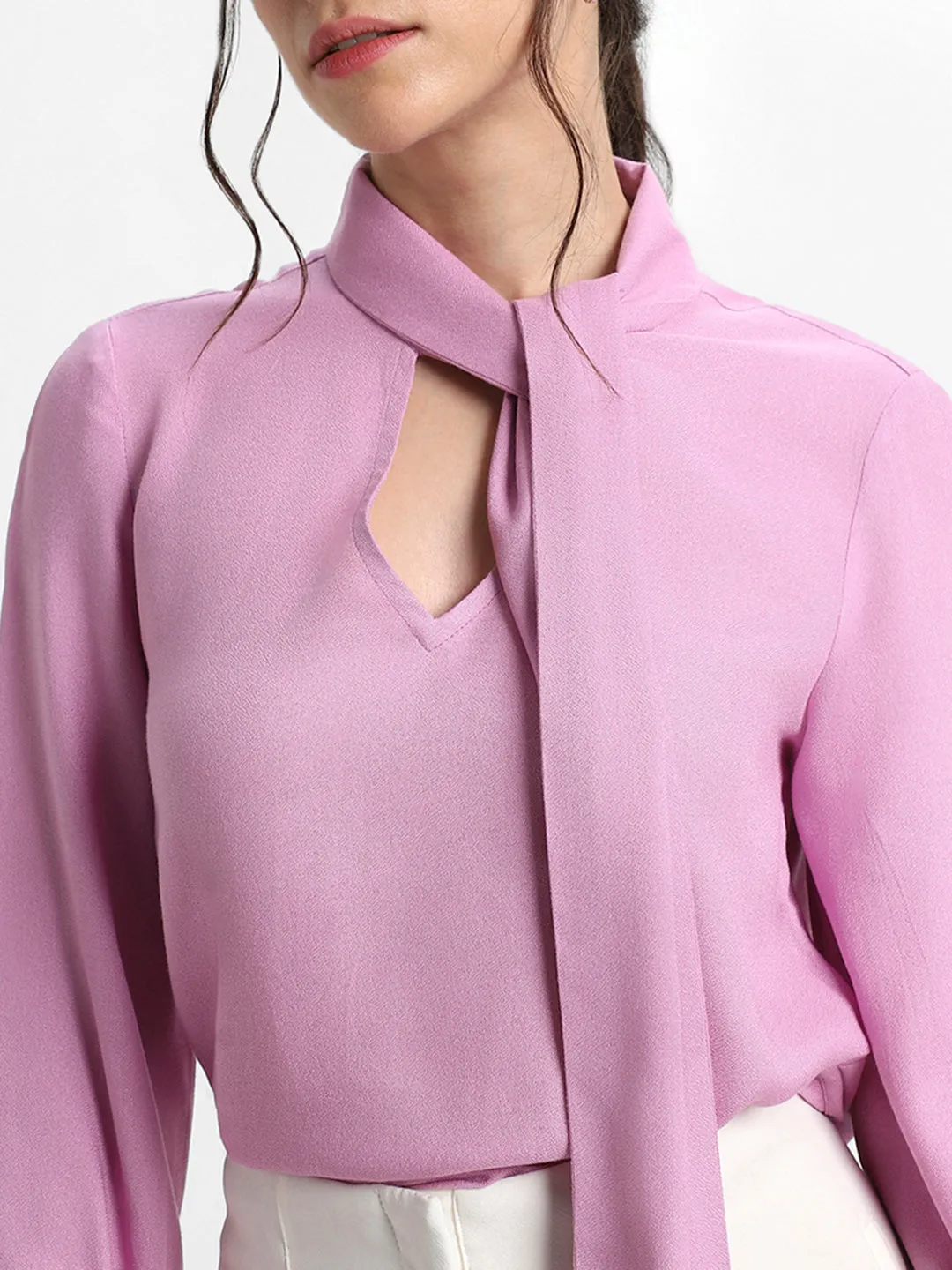 DL Woman Tie Up Neck Regular Fit Solid Lavender Top