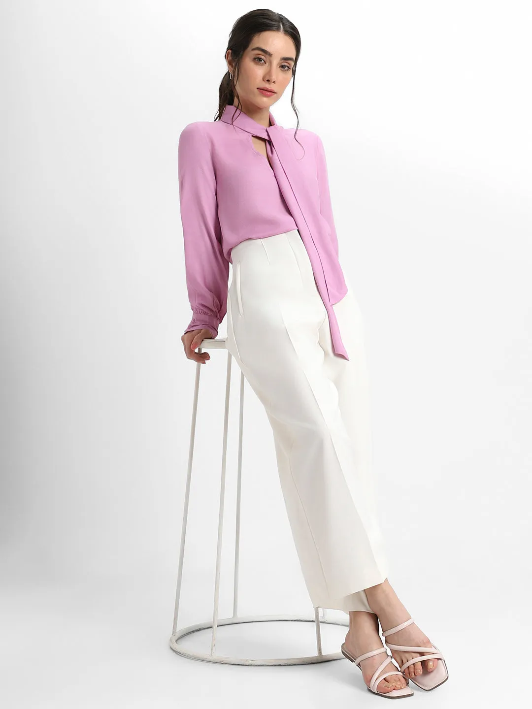 DL Woman Tie Up Neck Regular Fit Solid Lavender Top