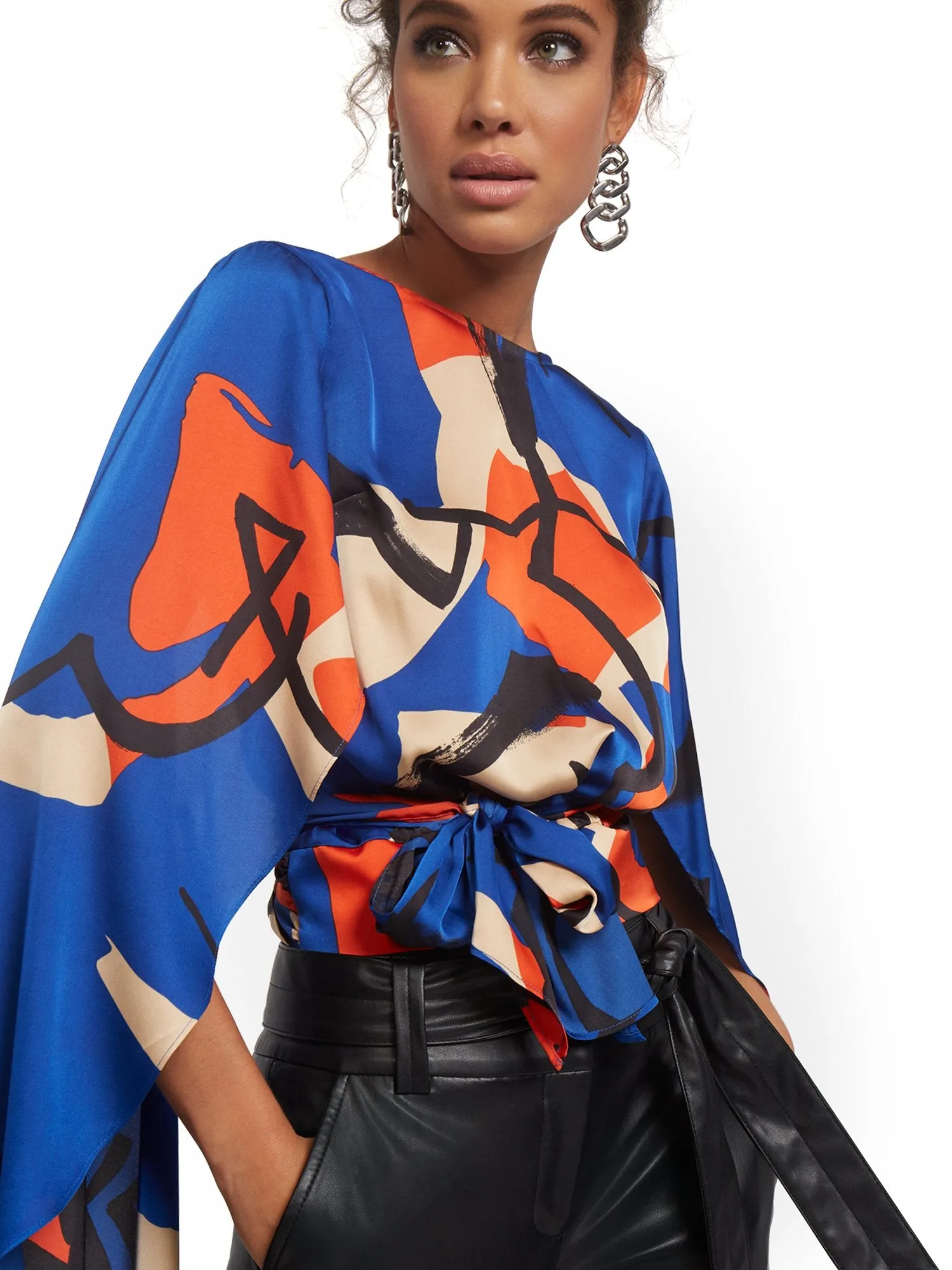 Drama-Sleeve Abstract Print Top