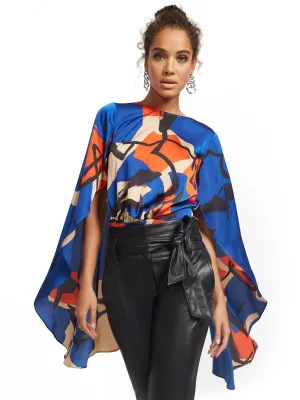 Drama-Sleeve Abstract Print Top