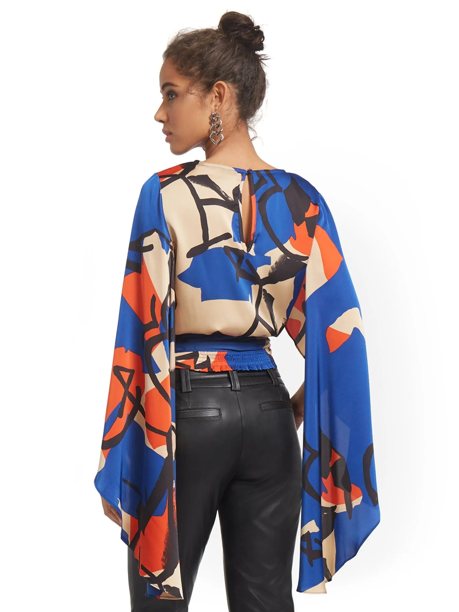 Drama-Sleeve Abstract Print Top