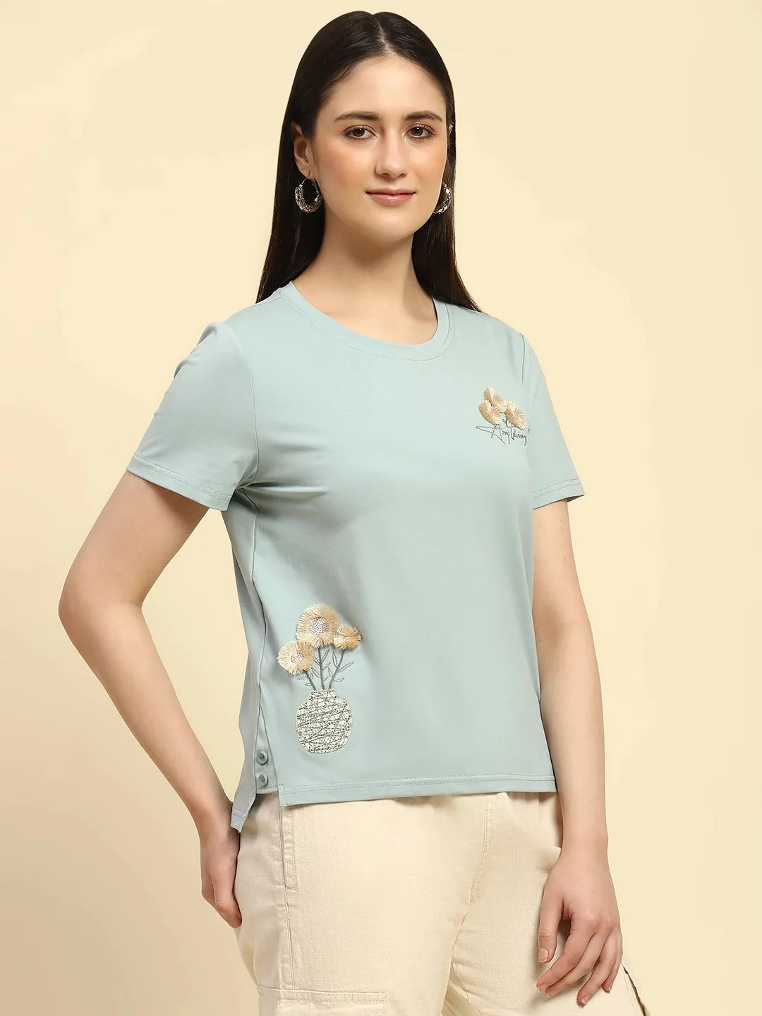Dusty Blue Embroidered Cotton Relaxed Fit Top