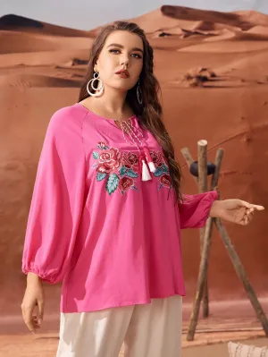 Elegant Floral Fringe Long Sleeve Keyhole Neckline Regular Plus Size Blouse
