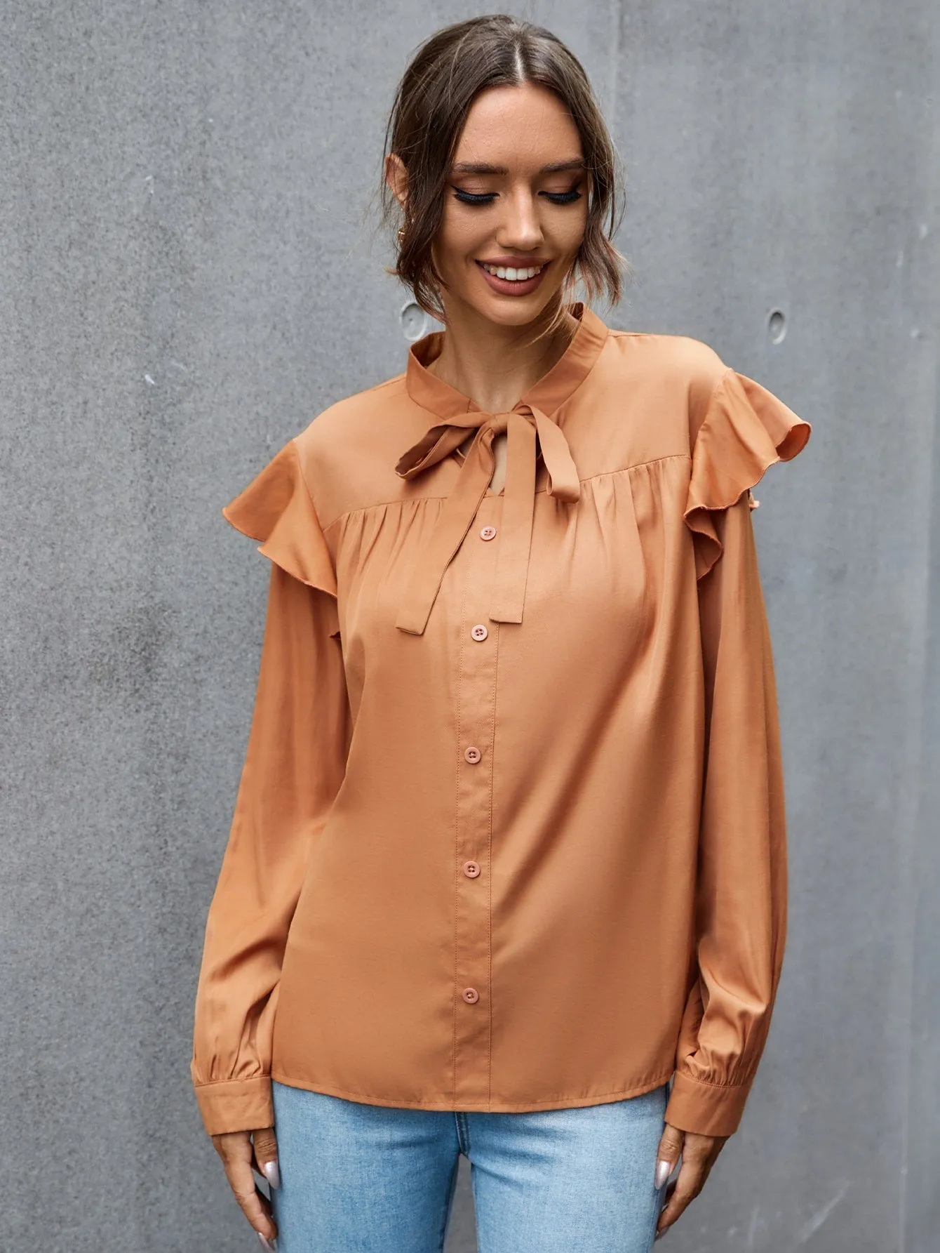 Elegant Plain Button Front Long Sleeve Tie Neck Regular Blouse