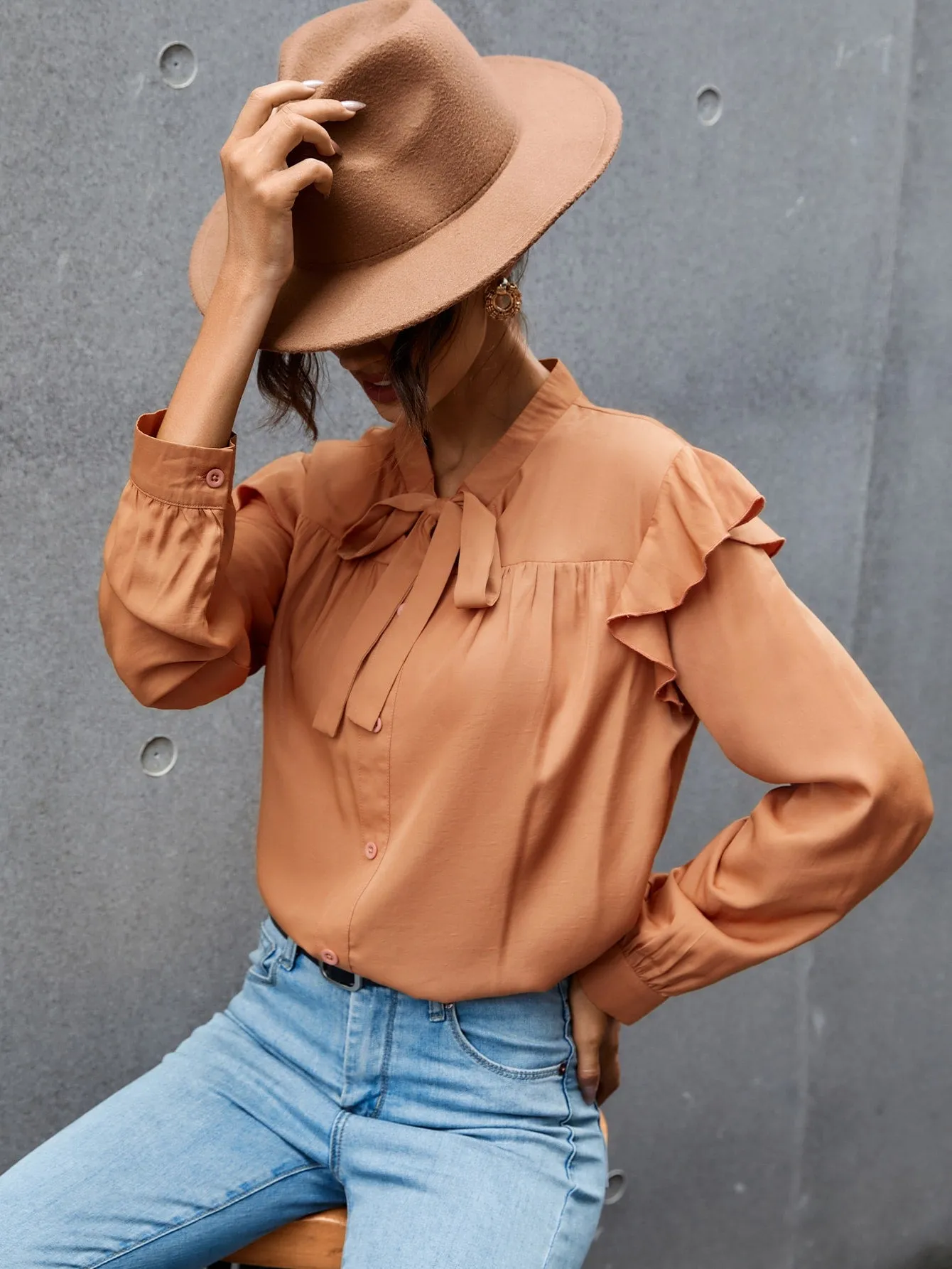 Elegant Plain Button Front Long Sleeve Tie Neck Regular Blouse