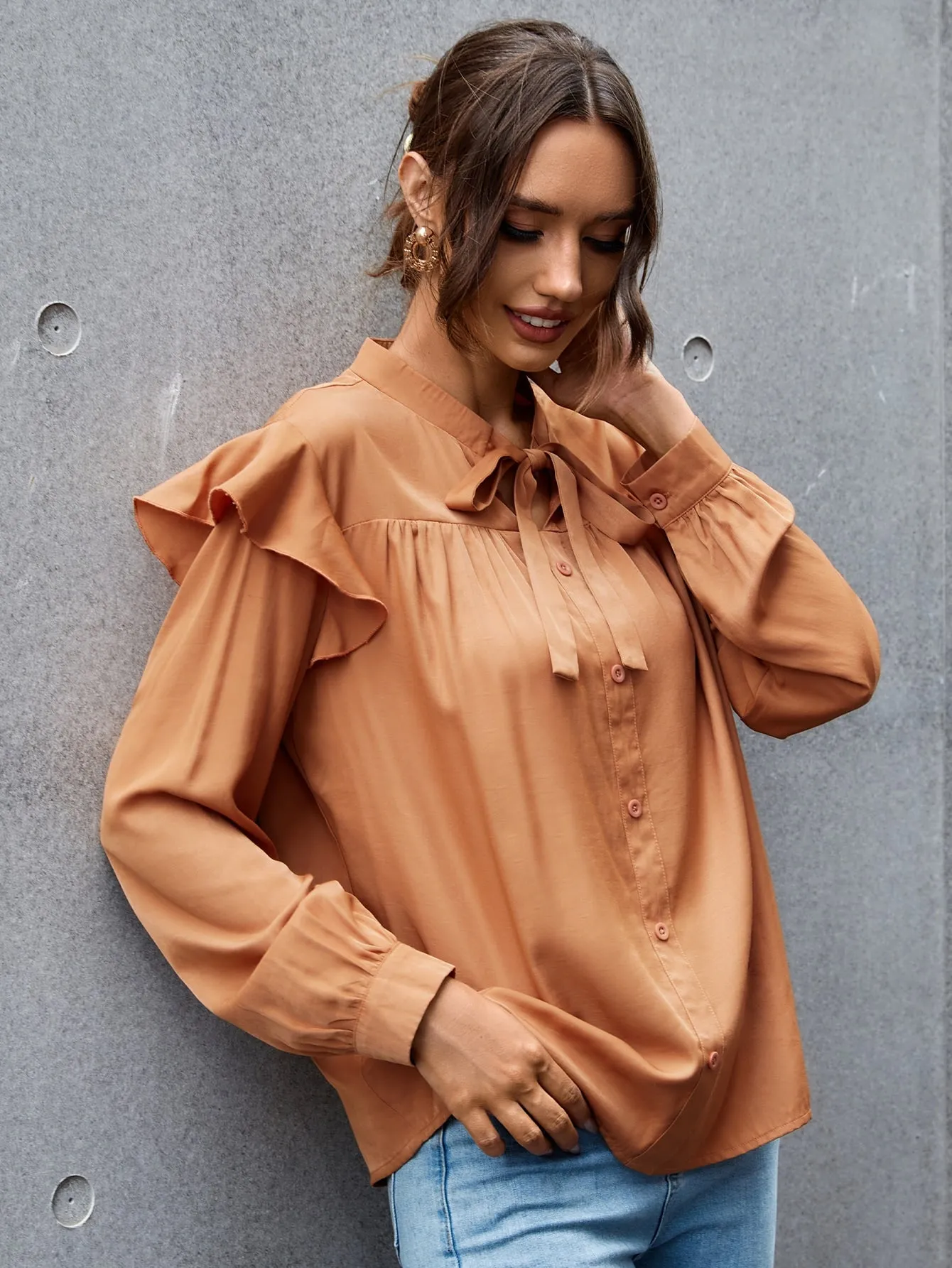 Elegant Plain Button Front Long Sleeve Tie Neck Regular Blouse