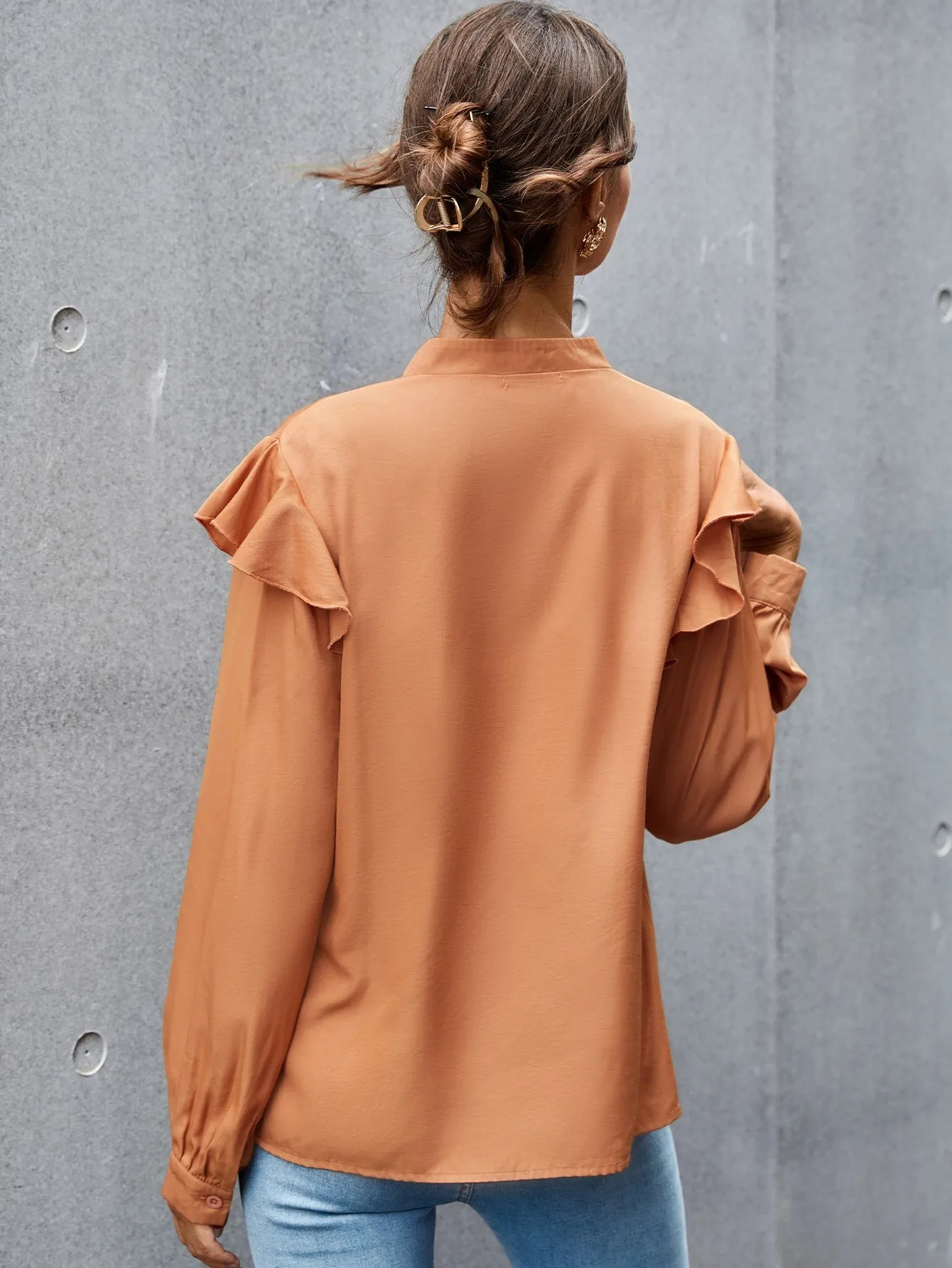 Elegant Plain Button Front Long Sleeve Tie Neck Regular Blouse