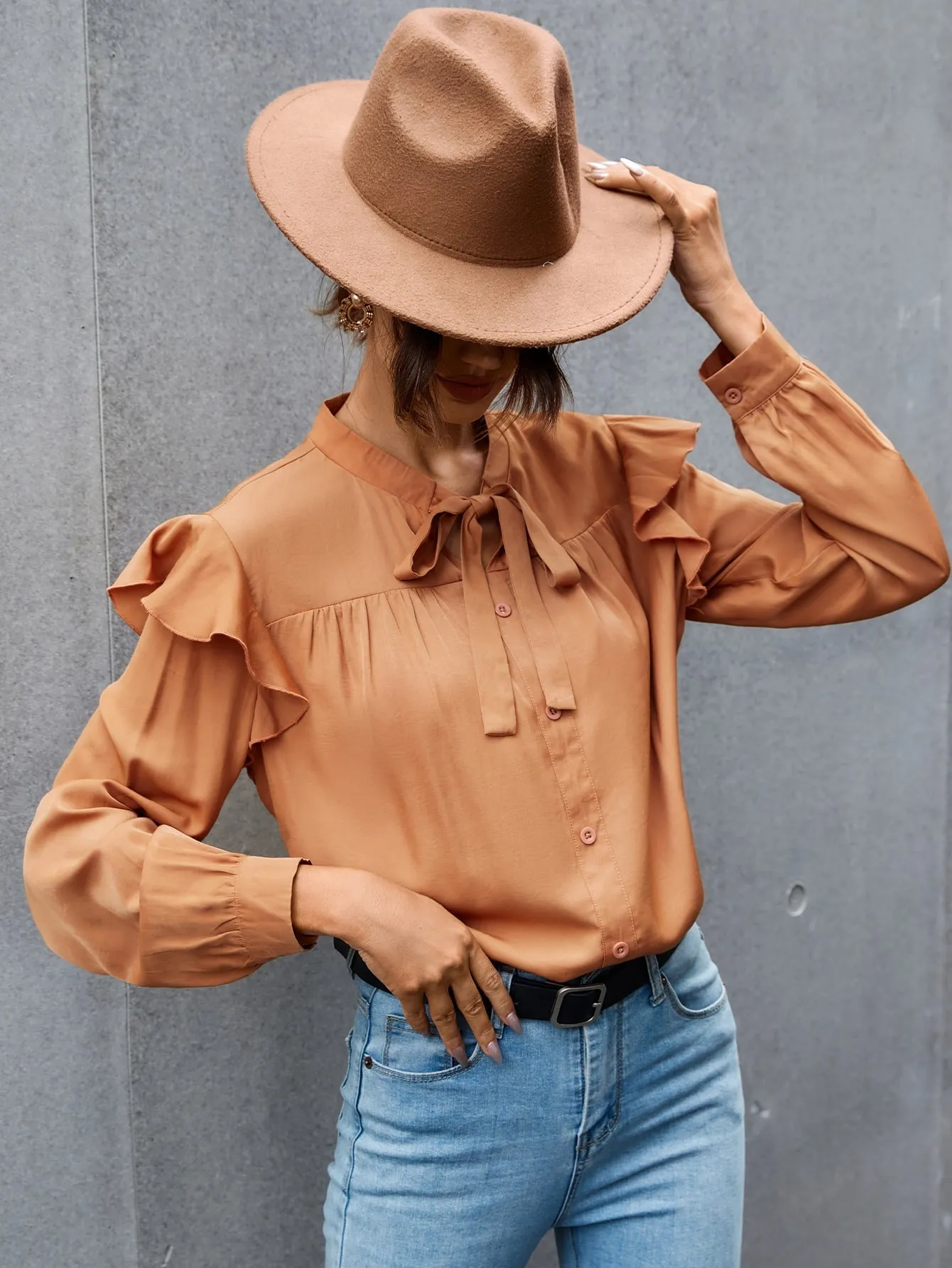Elegant Plain Button Front Long Sleeve Tie Neck Regular Blouse