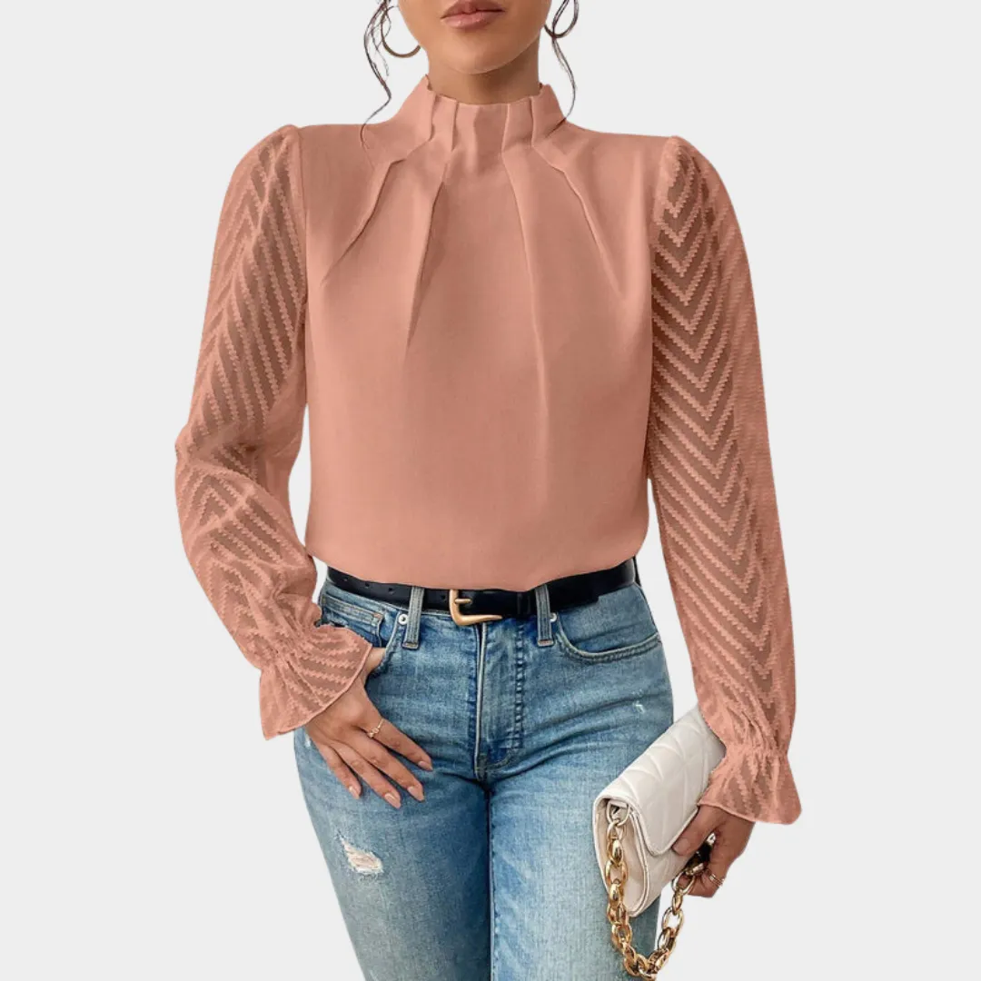 Elegant Women's Lace Blouse  Mock Neck  Long Sleeve  Slim Fit  Chiffon Fabric  Multiple Colours