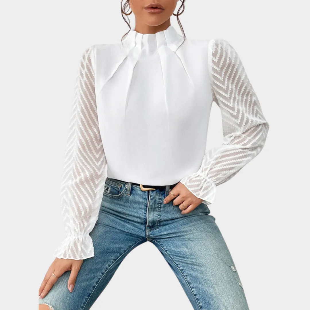 Elegant Women's Lace Blouse  Mock Neck  Long Sleeve  Slim Fit  Chiffon Fabric  Multiple Colours