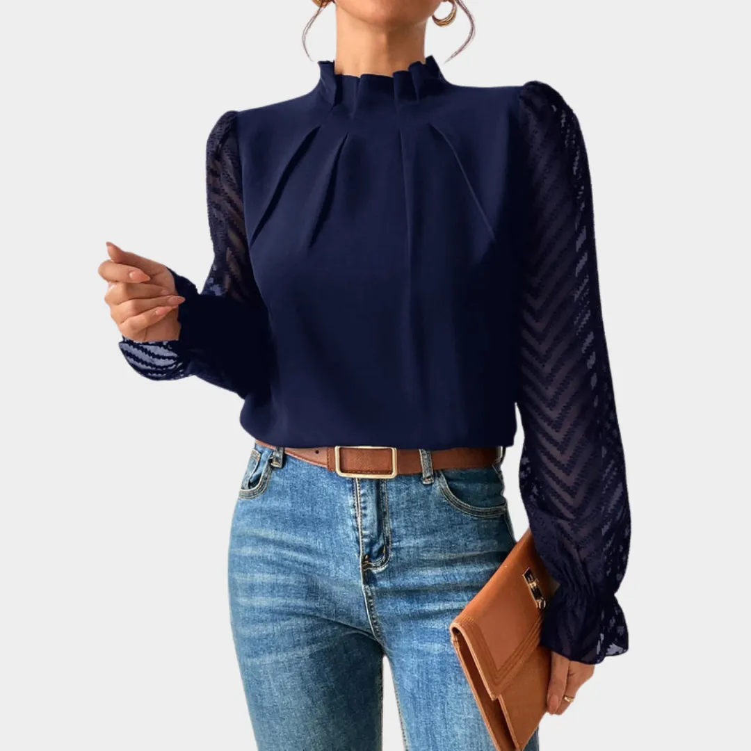 Elegant Women's Lace Blouse  Mock Neck  Long Sleeve  Slim Fit  Chiffon Fabric  Multiple Colours