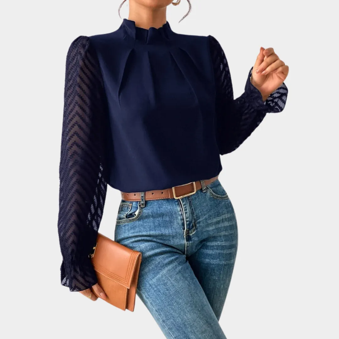 Elegant Women's Lace Blouse  Mock Neck  Long Sleeve  Slim Fit  Chiffon Fabric  Multiple Colours