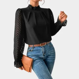 Elegant Women's Lace Blouse  Mock Neck  Long Sleeve  Slim Fit  Chiffon Fabric  Multiple Colours
