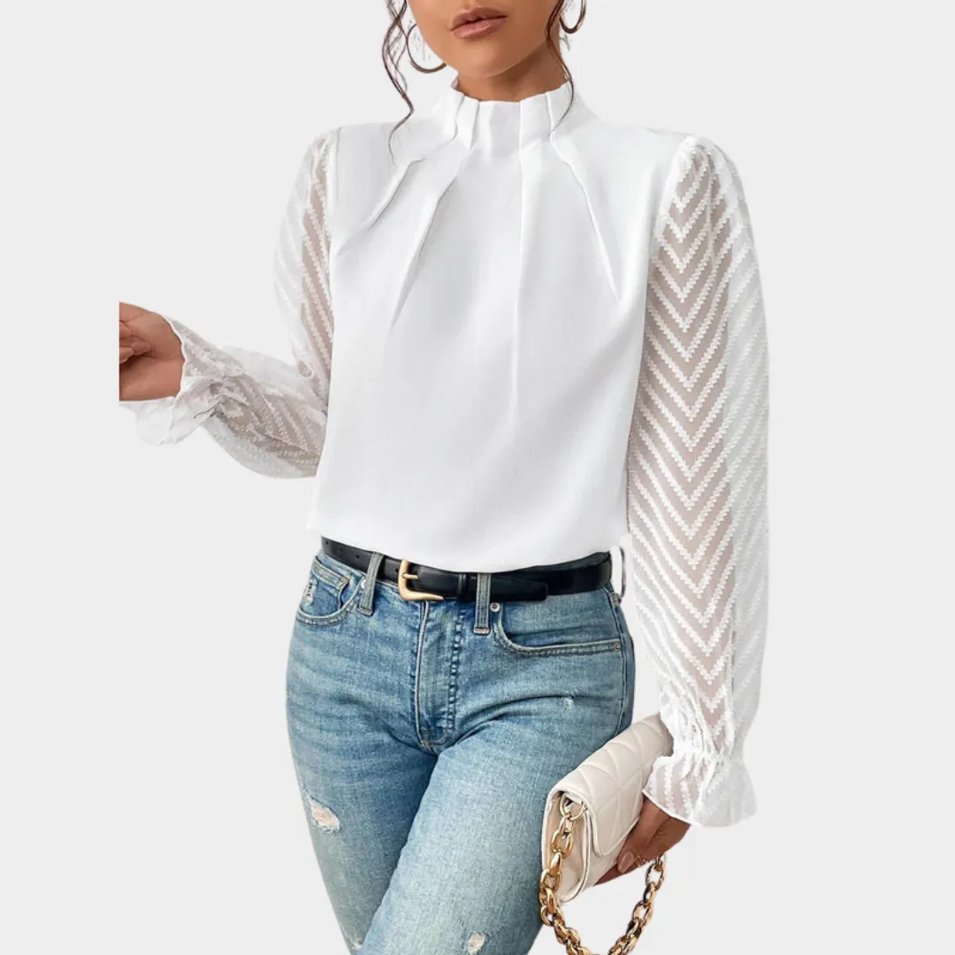 Elegant Women's Lace Blouse  Mock Neck  Long Sleeve  Slim Fit  Chiffon Fabric  Multiple Colours